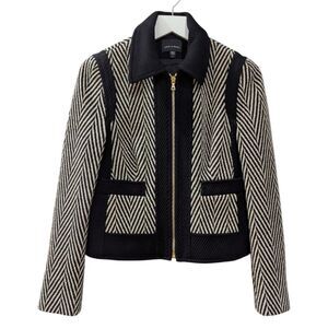 Judith & Charles Women's Black and Grey Chevron Collared Jacket Gold Zip Up